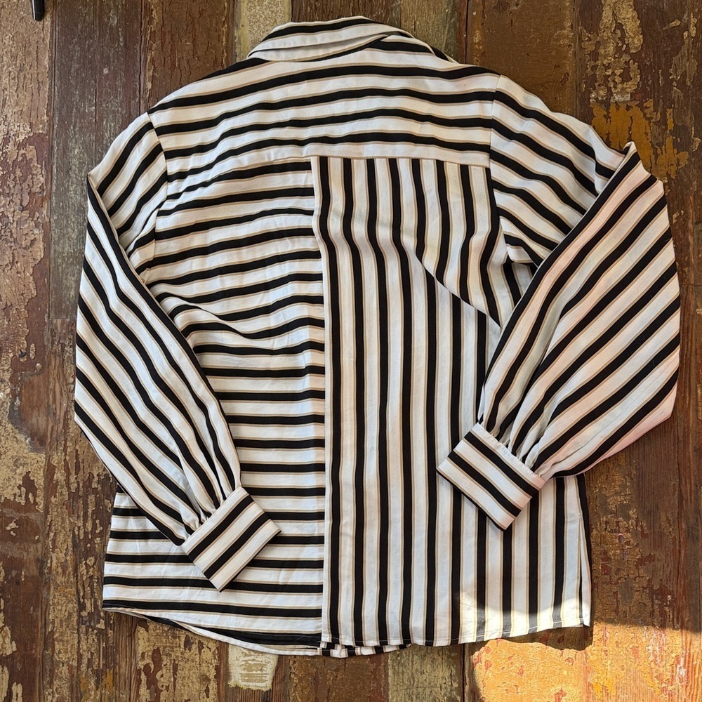Anthropologie Maeve Silky Striped Black Cream Striped Button Down Shirt | M - Picture 8 of 8